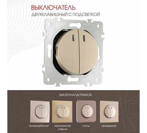 Выключатель двухклавишный с подсветкой без рамки Arte Milano 202 202.31-2.shampan