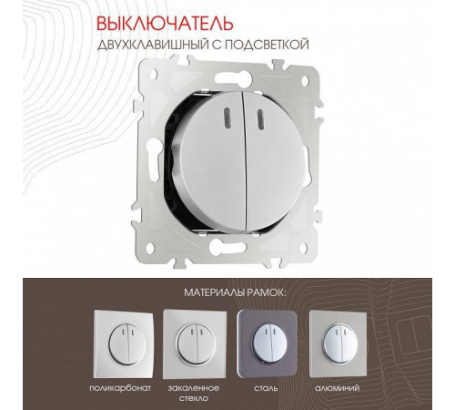 Выключатель двухклавишный с подсветкой без рамки Arte Milano 202 202.31-2.silver