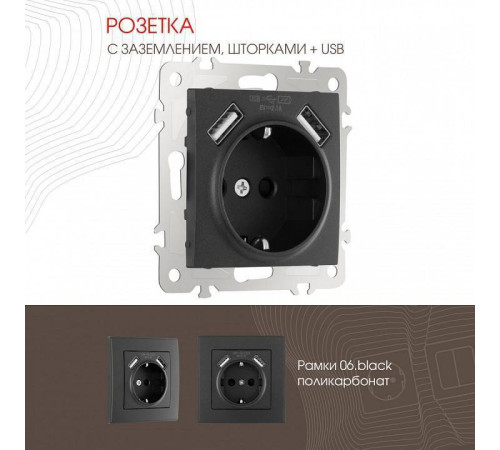 Розетка с заземлением и со шторкой и 2хUSB, без рамки Arte Milano am-206 206.47-1.black