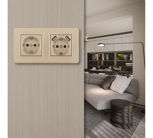 Розетка с заземлением и со шторкой и 2хUSB Arte Milano SET16-2 SET16-2-47-1-40-1 shampan