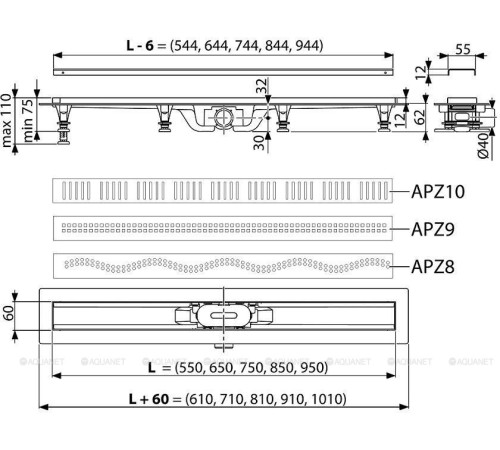 Водоотводящий желоб AlcaPlast Simple с порогами 950 мм APZ9-950M