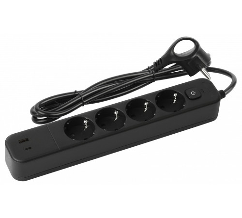 Удлинитель с выключателем ЭРА USF-4es-1,5m-2xUSBAC-B 4 розетки 1.5 м USB-A+C черный USF-4es-1,5m-2xUSBAC-B