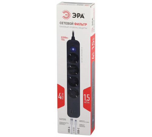 Удлинитель с выключателем ЭРА USF-4es-1,5m-2xUSBAC-B 4 розетки 1.5 м USB-A+C черный USF-4es-1,5m-2xUSBAC-B