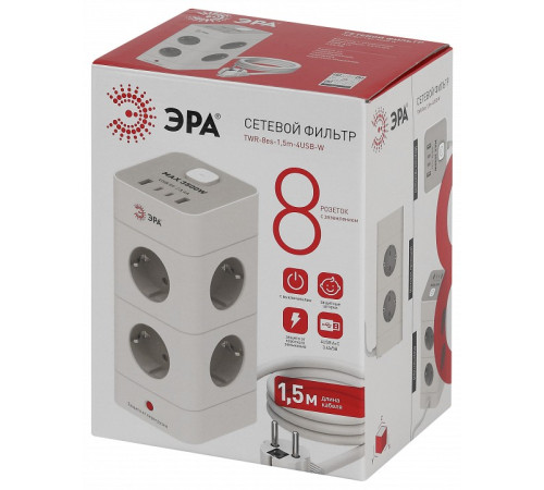 Сетевой фильтр Эра TWR-8es-1,5m-4USB-W