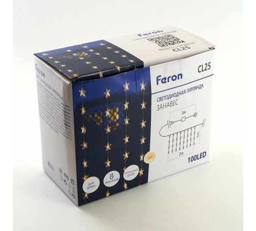 Занавес световой Feron CL25 2x6 м 640 LED белый свет черный провод 48607