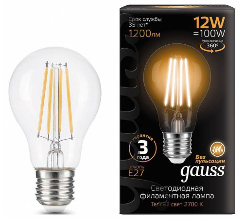 Лампа светодиодная Gauss Filament A60 E27 12 Вт 2700 K 102902112