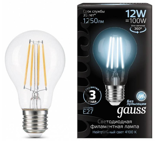 Лампа светодиодная Gauss Filament A60 E27 12 Вт 4100 K 102902212