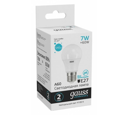 Лампа светодиодная Gauss Led Elementary A60 E27 7Вт 4100K 23227A