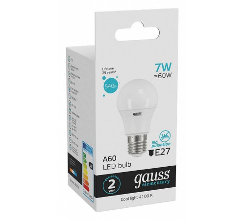 Лампа светодиодная Gauss Led Elementary A60 E27 7Вт 4100K 23227A