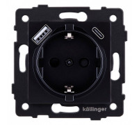 Розетка с заземлением и со шторкой и 2хUSB type A и C, без рамки Kollinger  REA-004BK