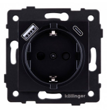 Розетка с заземлением и со шторкой и 2хUSB type A и C, без рамки Kollinger  REA-004BK