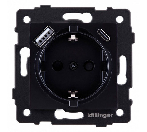 Розетка с заземлением и со шторкой и 2хUSB type A и C, без рамки Kollinger REA-004BK