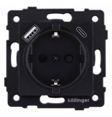 Розетка с заземлением и со шторкой и 2хUSB type A и C, без рамки Kollinger  REA-004BM