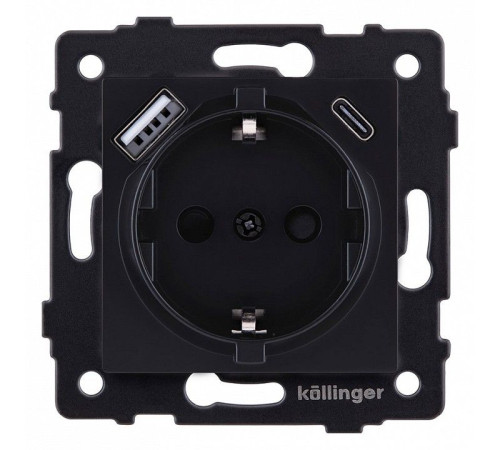 Розетка с заземлением и со шторкой и 2хUSB type A и C, без рамки Kollinger REA-004BM