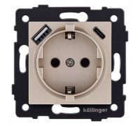 Розетка с заземлением и со шторкой и 2хUSB type A и C, без рамки Kollinger  REA-004GD
