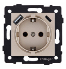 Розетка с заземлением и со шторкой и 2хUSB type A и C, без рамки Kollinger  REA-004GD