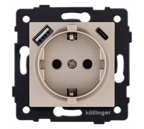 Розетка с заземлением и со шторкой и 2хUSB type A и C, без рамки Kollinger REA-004GD