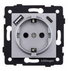 Розетка с заземлением и со шторкой и 2хUSB type A и C, без рамки Kollinger  REA-004GY
