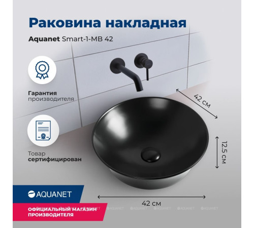 Раковина накладная Aquanet SMART-1-MB 420x420x125 мм черный матовый SMART-1-MB