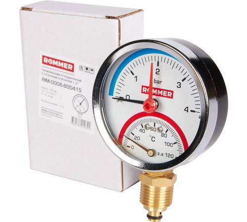 Термоманометр радиальный ROMMER 80 мм 1/2 4 бар с запорным клапаном RIM-0006-800415