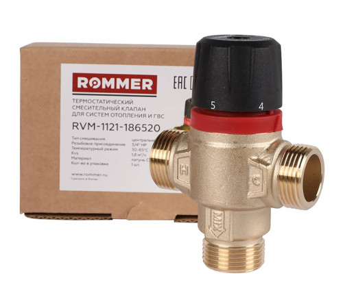 Клапан термостатический смесительный ROMMER 3/4 НР 30-65 °С Kvs 1.8 центральное смешивание RVM-1121-186520