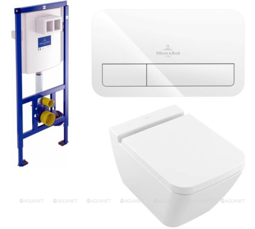 Комплект 4 в 1 Villeroy & Boch Finion унитаз подвесной с сиденьем, инсталляцией и белой клавишей 4664R0R1/92246100/92249068/9M88S1R1