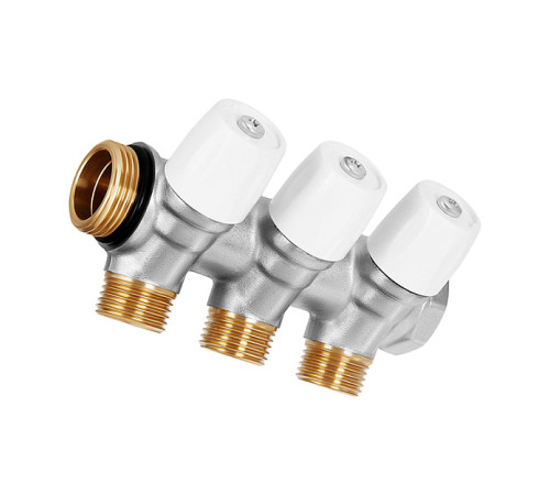 Коллектор латунный никелированный Hoobs 1х3х1/2 EK с вентилями 3 выхода белые маховики HB-6200E7N1004W3A