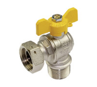 Кран шаровой угловой для газа Tiemme 1/2 НР x 3/4 ВР ручка-бабочка желтая 2220005