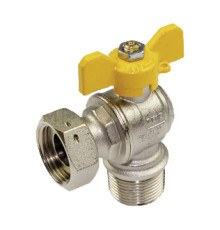 Кран шаровой угловой для газа Tiemme 1/2 НР x 3/4 ВР ручка-бабочка желтая 2220005