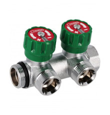 Коллектор латунный никелированный Hoobs 1х3/4 EK с запорно-балансировочными клапанами 2 выхода 03104H