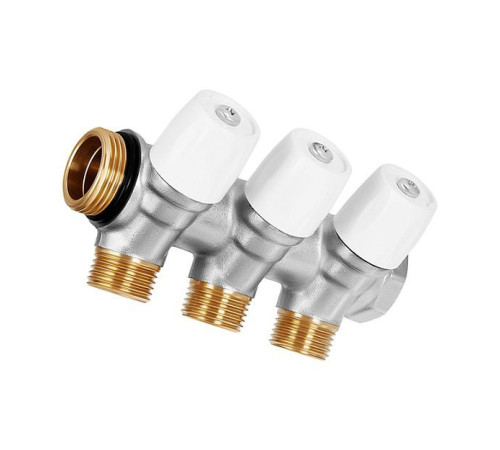 Коллектор латунный никелированный Hoobs 3/4х3х1/2 EK регулируемый 3 выхода белые маховики HB-6200E7N0504W3A