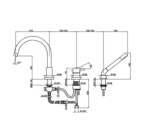 Смеситель на борт ванны Cisal Less New на 3 отверстия с лейкой хром LN00126021