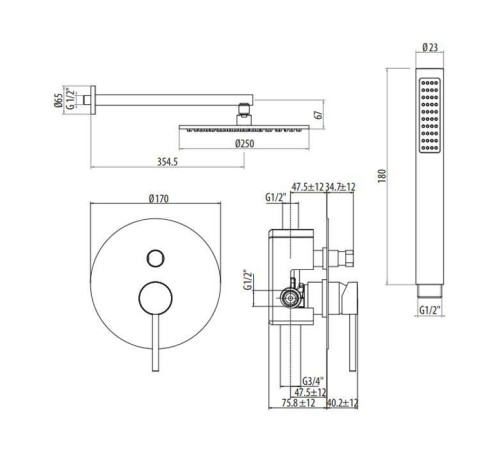 Комплект для душа Gattoni Circle Two/ONE со встроенным смесителем и верхним душем 250 мм белый матовый 9190/PDBO