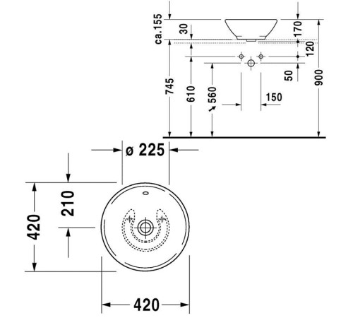 Раковина круглая Duravit Starck 3 42 см с переливом без отверстия под смеситель 0325420000
