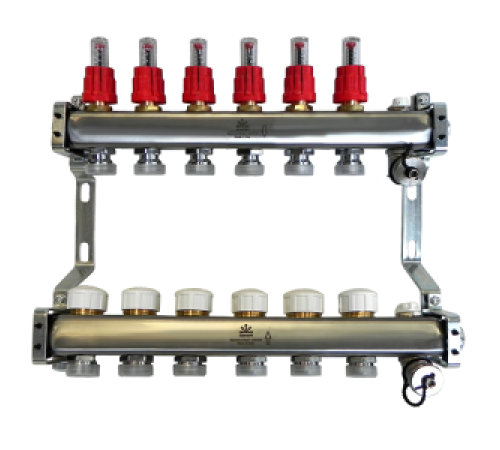 Коллекторный блок из нержавеющей стали Gekon 1x3/4 EK 6 выходов со сливными кранами и воздухоотводчиками GK 72106