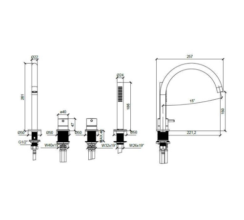 Смеситель на борт ванны Almar Mixers на 4 отверстия латунь PVD E214006.HB
