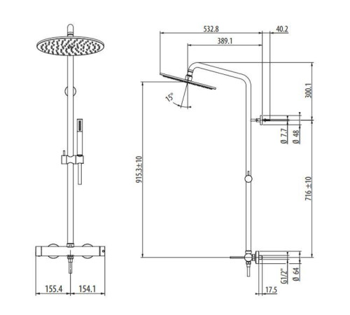 Душевой комплект Gattoni Circle Two со стойкой верхний душ 250 мм белый матовый 9195/PDBO