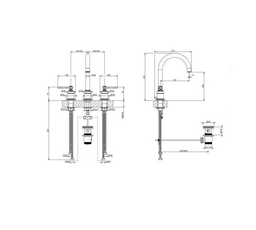 Смеситель для раковины Gessi Venti20 на 3 отверстия излив 168 мм с донным клапаном хром 65015#031