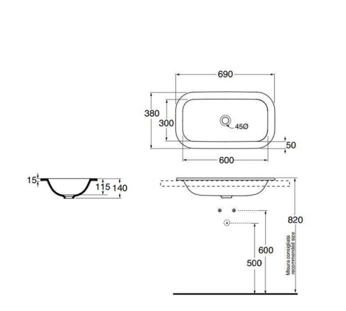 Раковина Azzurra Glaze 69х38 см без отверстия GLLI06938000BI