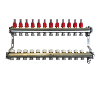 Коллекторный блок из нержавеющей стали Gekon 1x3/4 EK 12 выходов со сливными кранами и воздухоотводчиками GK 72112