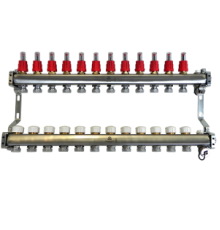 Коллекторный блок из нержавеющей стали Gekon 1x3/4 EK 12 выходов со сливными кранами и воздухоотводчиками GK 72112