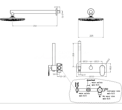 Душевой комплект встраиваемый Boheme Spectre со смесителем матовое золото 454-MG