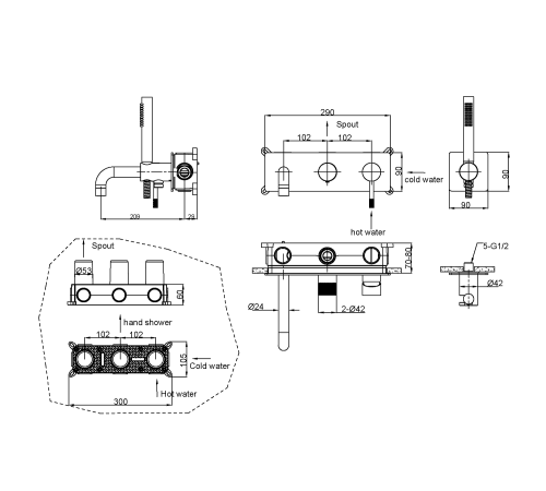Смеситель на борт ванны Boheme Uno на 4 отверстия с ручным душем gun metal 464-3-GM