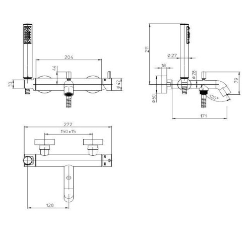 Смеситель для ванны BOSSINI TEO однорычажный со шлангом 1250 мм и лейкой Zen черный матовый Z00724.073