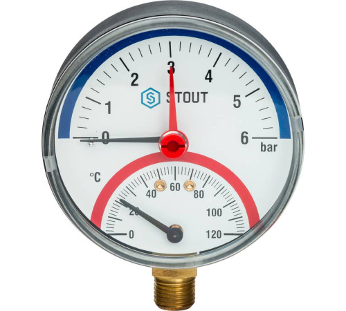 Термоманометр радиальный STOUT 80 мм 1/2 6 бар с запорным клапаном SIM-0006-800615