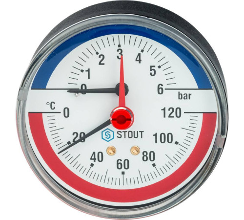 Термоманометр аксиальный STOUT 80 мм 120 °C 6 бар с запорным клапаном 1/2 SIM-0005-800615
