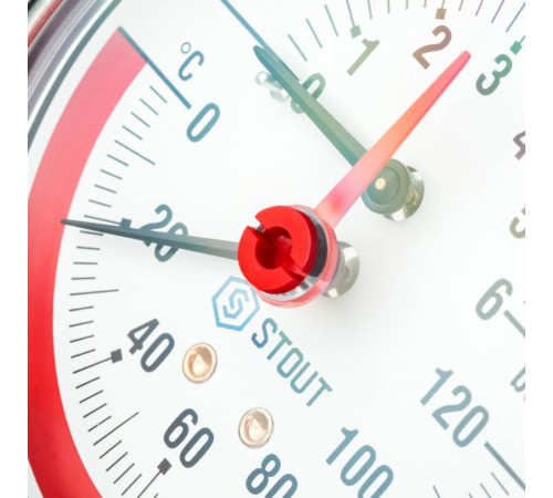 Термоманометр аксиальный STOUT 80 мм 120 °C 6 бар с запорным клапаном 1/2 SIM-0005-800615