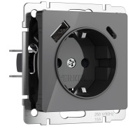 Розетка с заземлением, шторками и USB тип A+C (графит акрил) W1171744