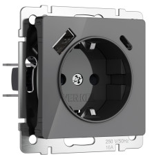 Розетка с заземлением, шторками и USB тип A+C (графит акрил) W1171744