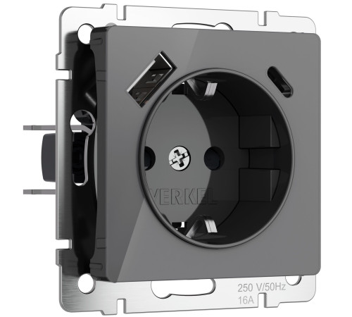 Розетка с заземлением, шторками и USB тип A+C (графит акрил) W1171744